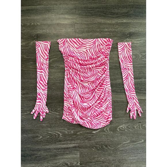 NWOT Miscreants Pink & White Zebra Cupid Mini Dress With Gloves Sz US 10 / UK 14 - Picture 2 of 4